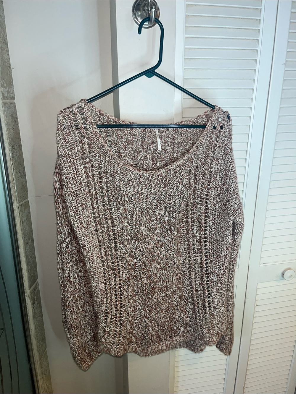 Free People Cream and Brown Marled Scoop Neck Knit Sweater